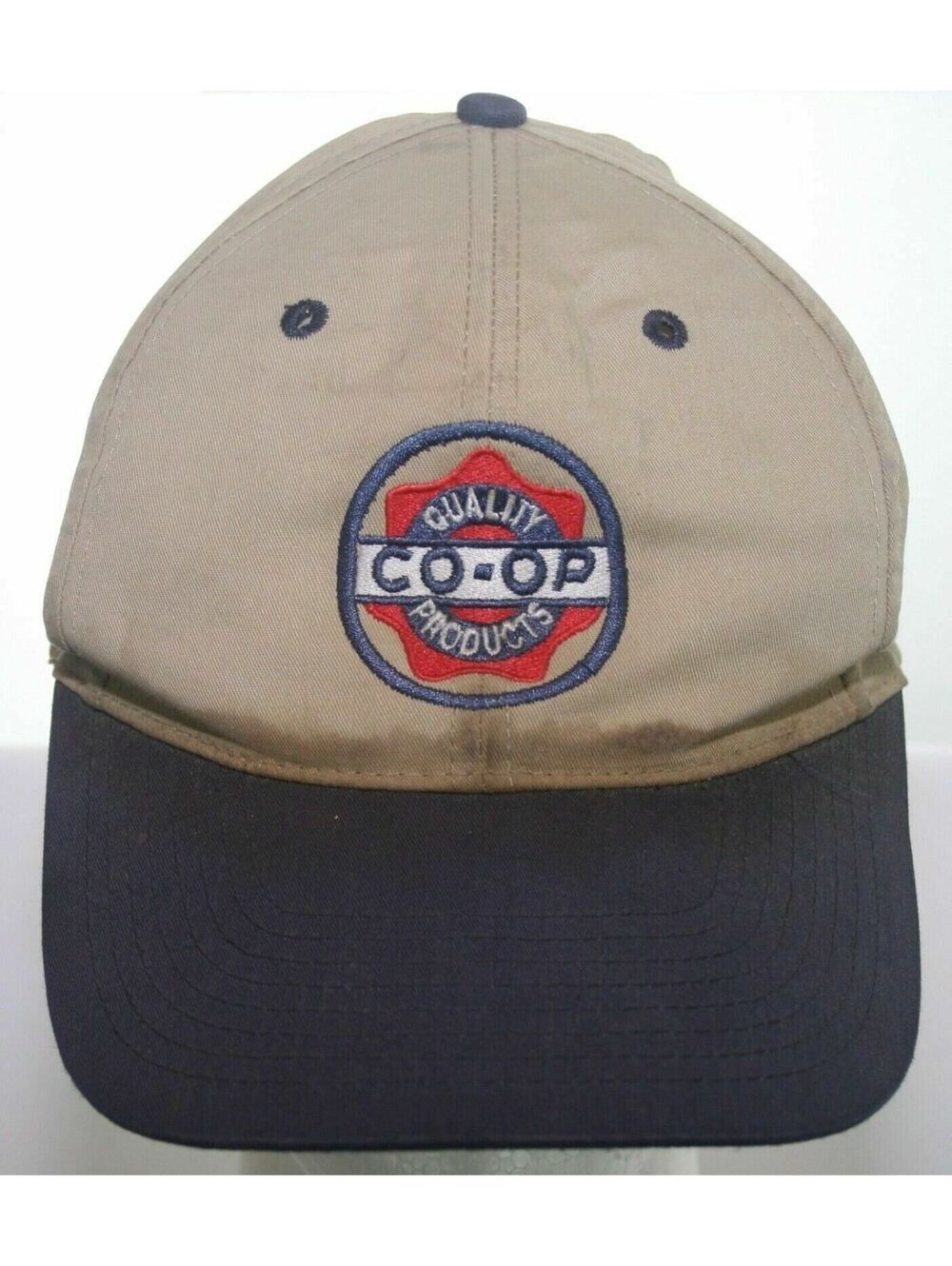 VTG Co-Op Quality Products Hat - Beige & Blue Nissin Snapback Cap Lots of Stains